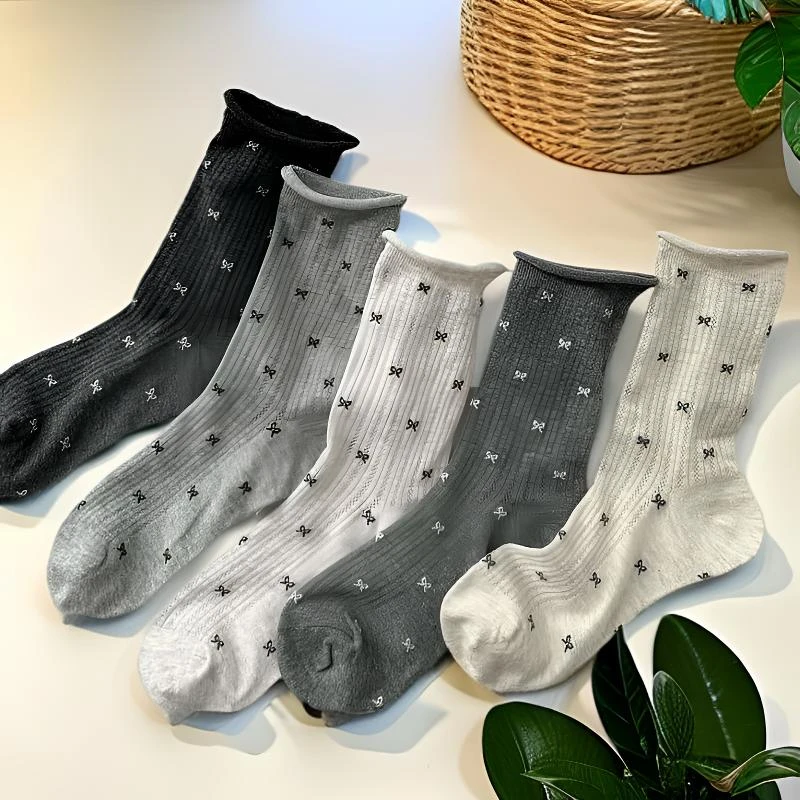 日系卷边夏季超薄透气网眼蝴蝶结女薄款堆堆袜