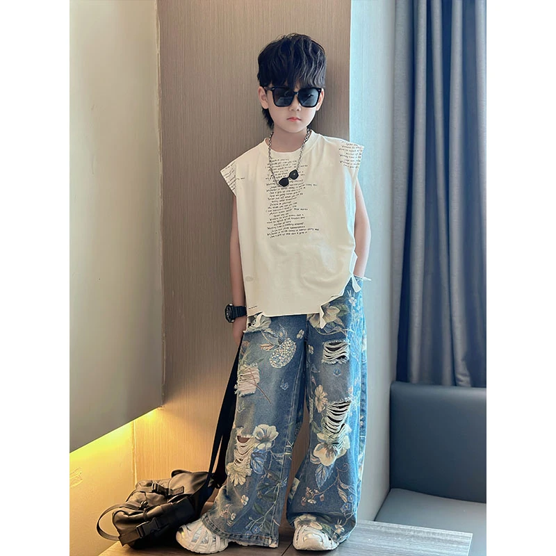 男童夏季新款洋气时髦花色印花破洞牛仔裤中大童帅气个性休闲长裤