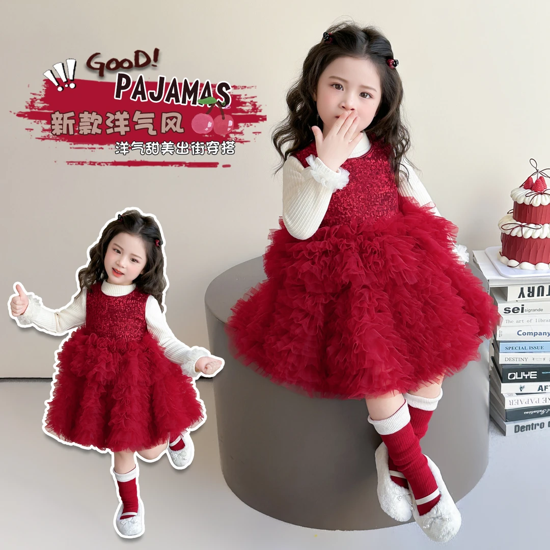 公主裙女童裙子秋冬款加绒连衣裙儿童1-3岁圣诞过年服装女孩冬季