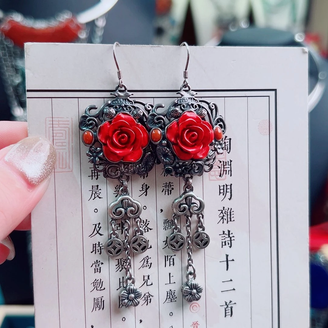 天然辰砂国风耳环