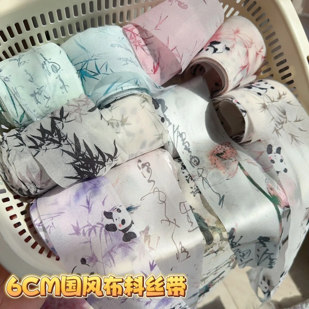 6cm国风水墨画竹叶荷叶熊猫布料丝带diy新中式蝴蝶结抓夹发夹