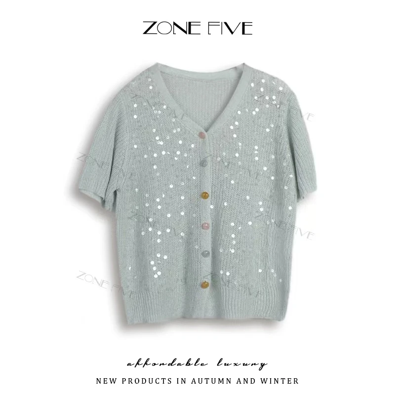 【zonefive】法式气质V领彩扣针织开衫设计感重工亮片小香风短袖