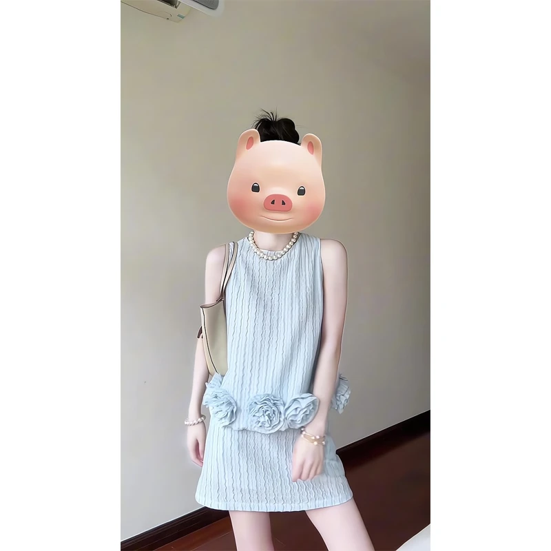 立体花朵无袖背心独特漂亮小衫半身裙短裙减龄显瘦遮肉两件套女