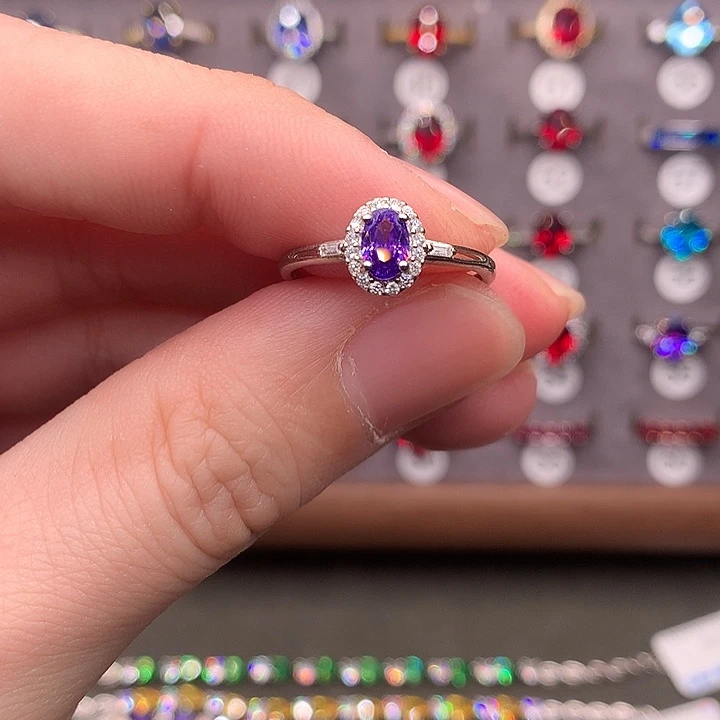 戒指彩色蓝宝石银S925镶嵌