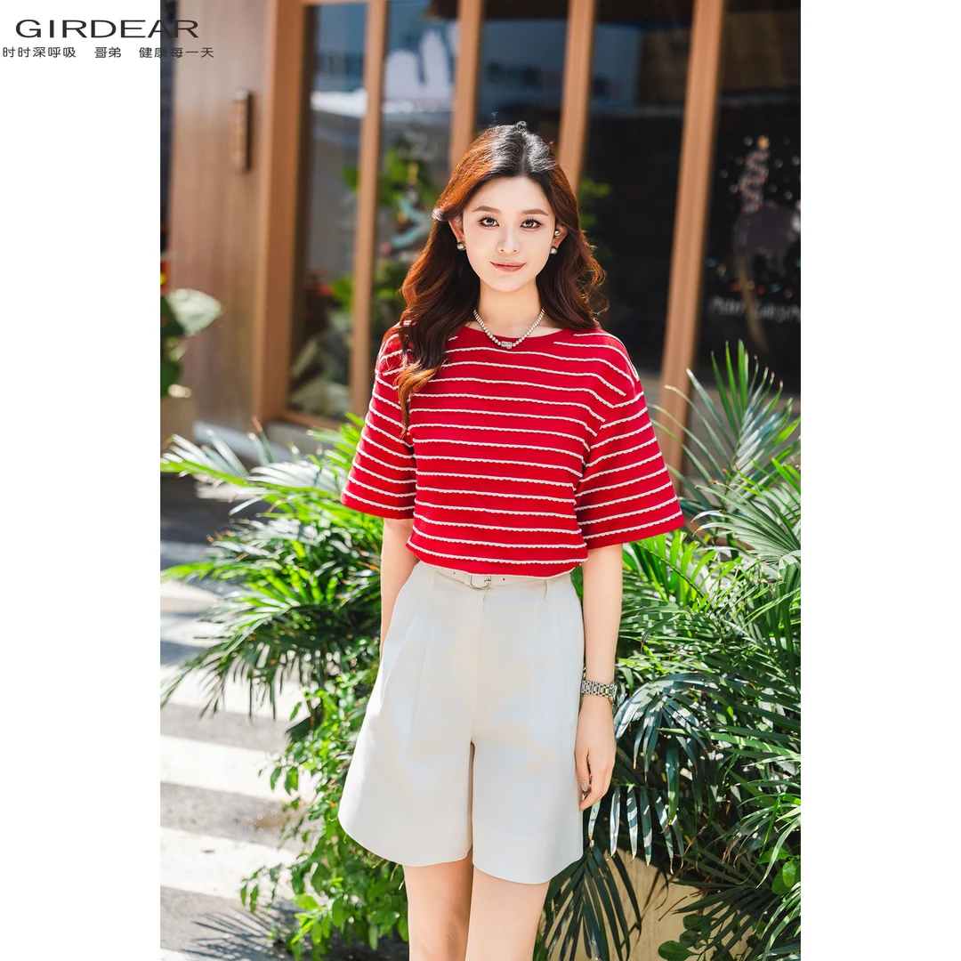 GIRDEAR/哥弟夏季新款百搭宽松时髦圆领条纹拼接T恤短袖 1300790