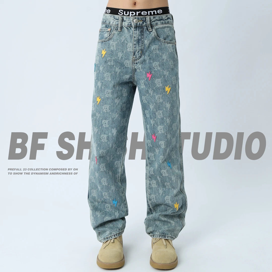 美式复古闪电刺绣牛仔裤男潮牌印花2025秋季宽松直筒炸街水洗长裤