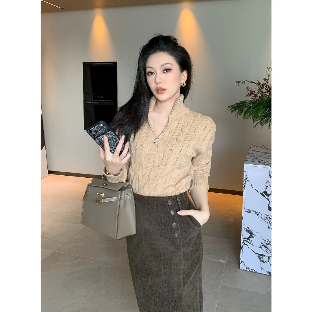 JIJINQI气质显瘦拉链V领设计毛针织衫秋冬毛衣上衣女 JD11SMQM511