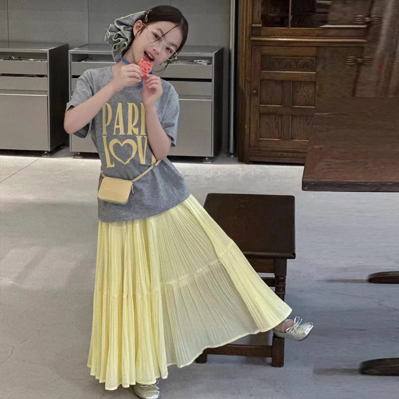 洋气女童宽松韩版短袖T恤半身长裙套装2025夏款儿童纱裙两件套潮