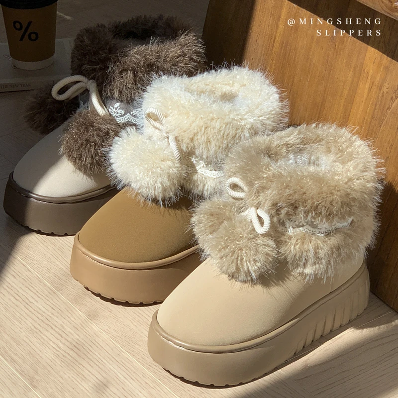 毛茸茸轻便防滑雪地靴高帮加厚2025冬日简约棉鞋女可爱甜美不掉毛