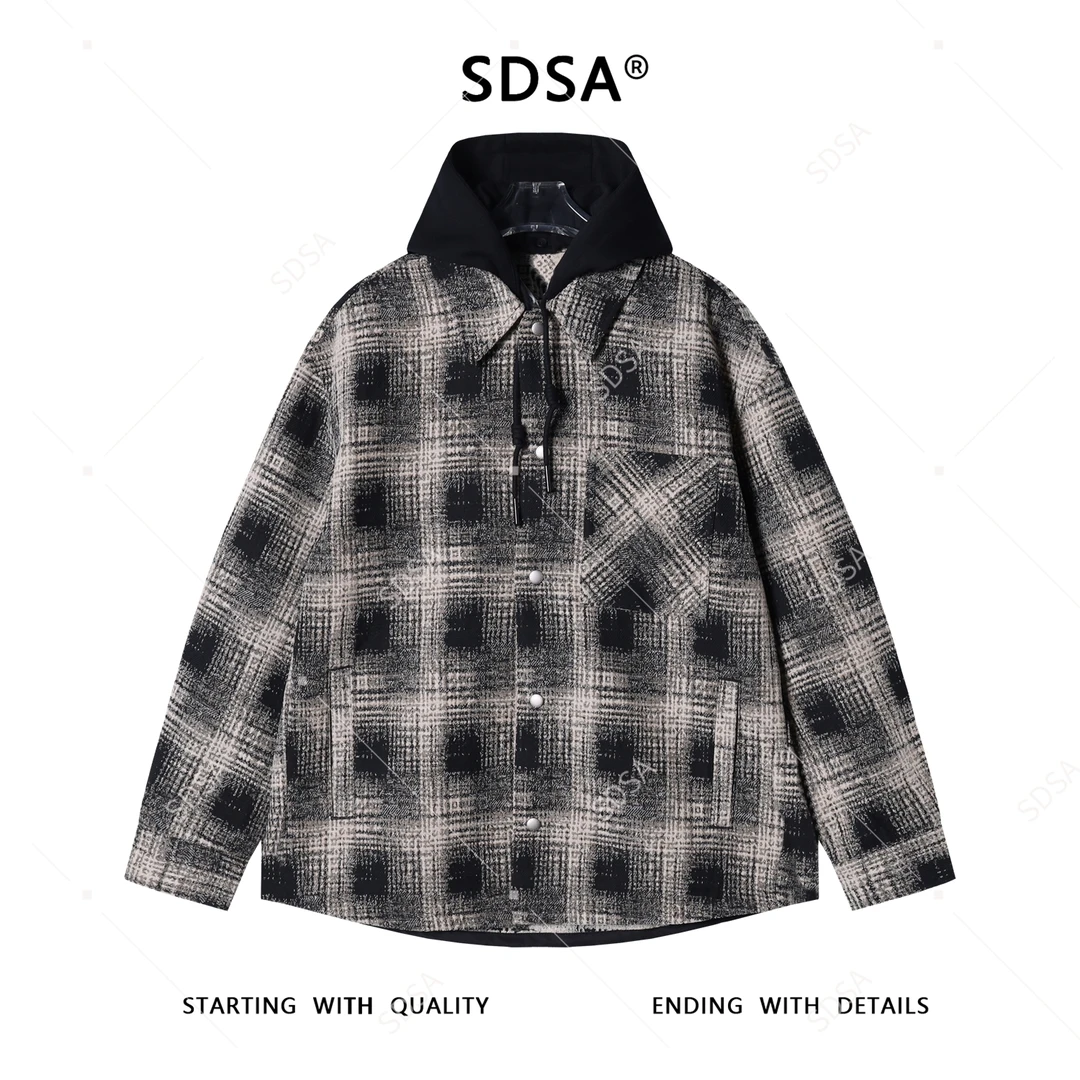 SDSA秋冬新款痞帅男装韩版撞色格纹拼接抽绳连帽衬衫百搭时尚外套
