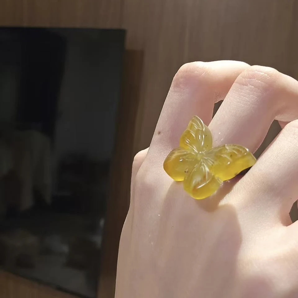 【指尖蝶影】岫玉黄金玉蝴蝶戒指 邂逅梦幻 “福叠”显气质高级感
