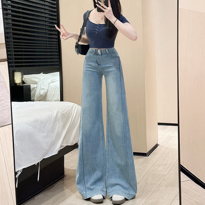 浅蓝色直筒高腰牛仔女2025年夏季薄款显瘦宽松小个子拖地阔腿百搭