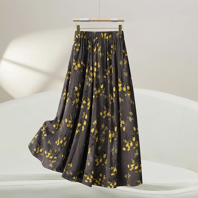 松紧腰褶皱印花半身裙女2025夏季新款高腰显瘦中长款碎花大摆裙子