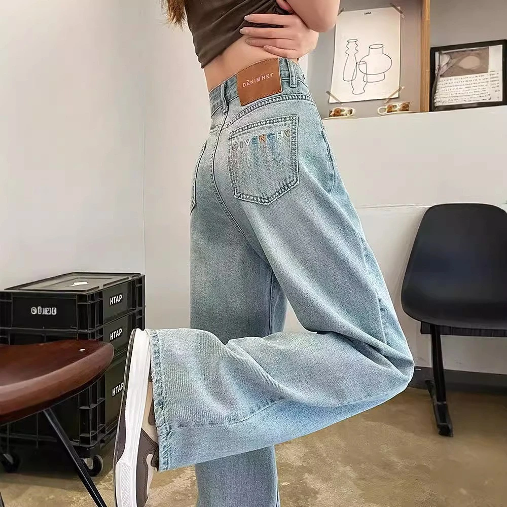 新款薄款直筒女夏季潮款若风浅蓝色阔腿穿搭窄版小个子牛仔裤欧