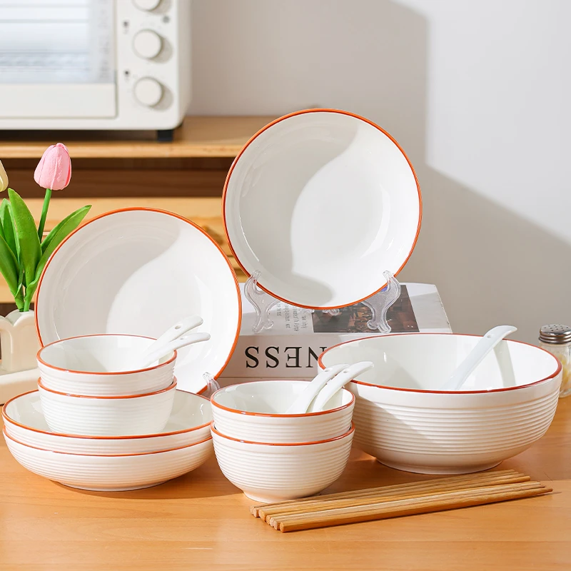 福运横纹18件套碗盘餐具套装网红家用高颜值陶瓷饭碗盘子简约创意