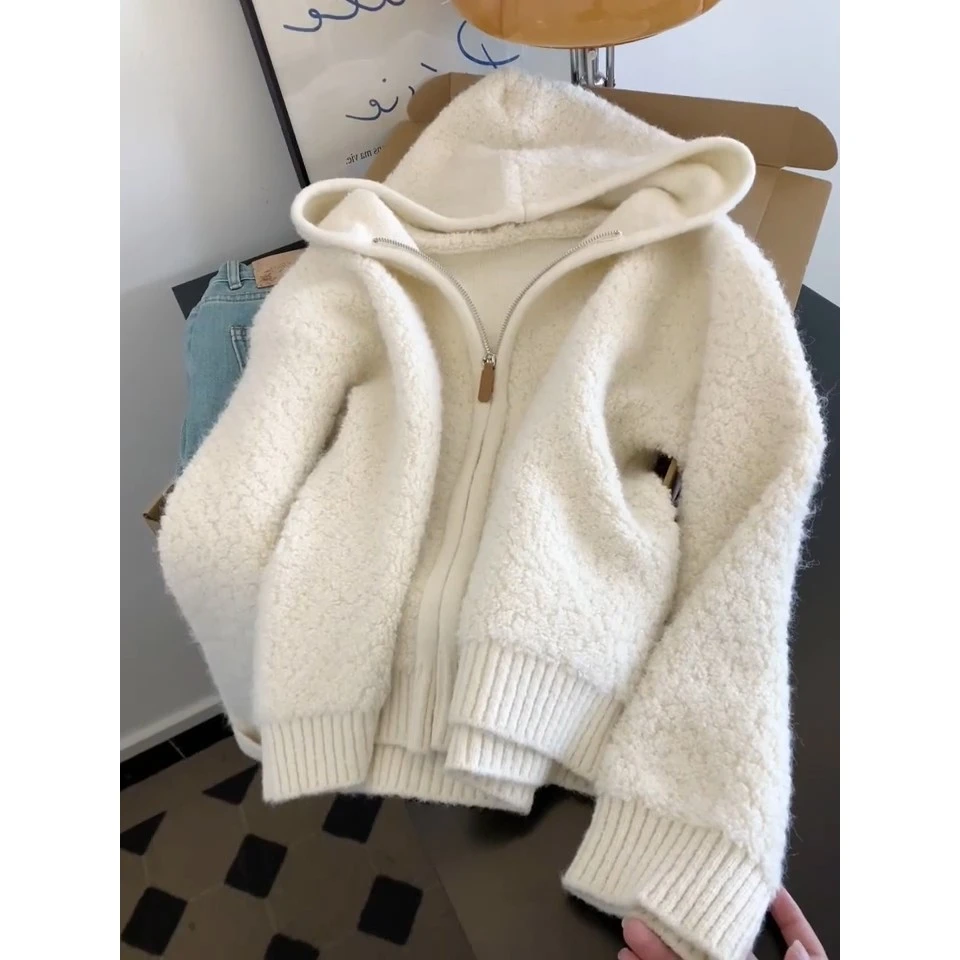 高级感米白色羊羔绒连帽拉炼开衫毛衣女秋冬新款慵懒软糯针织上衣