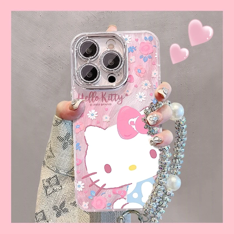 碎花KT猫手链适用苹果vivo华为oppo小米iPhone16精孔羽纱纹手机壳