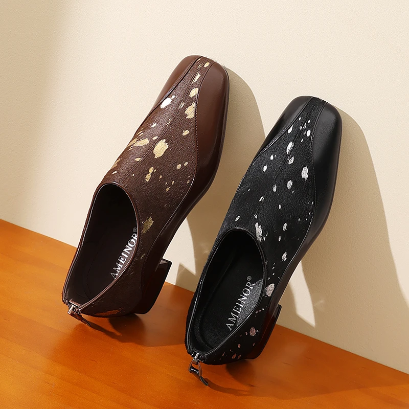 AMEINOR艾瑂儿2025年春季新款方头低跟波点舒适真皮深口单鞋女