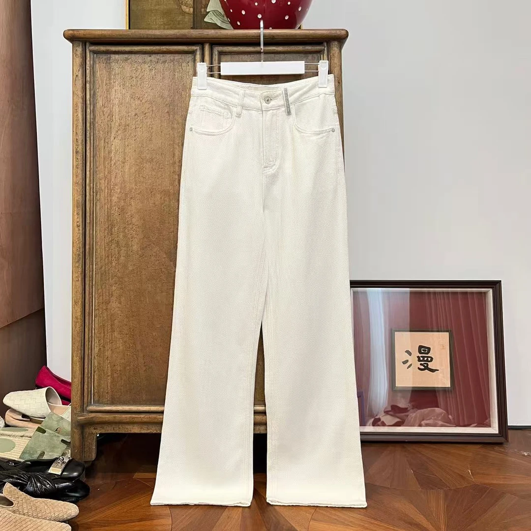 MYL 2025年夏季新款棉混纺白色休闲裤直筒贴钻百搭奶奶直筒牛仔裤