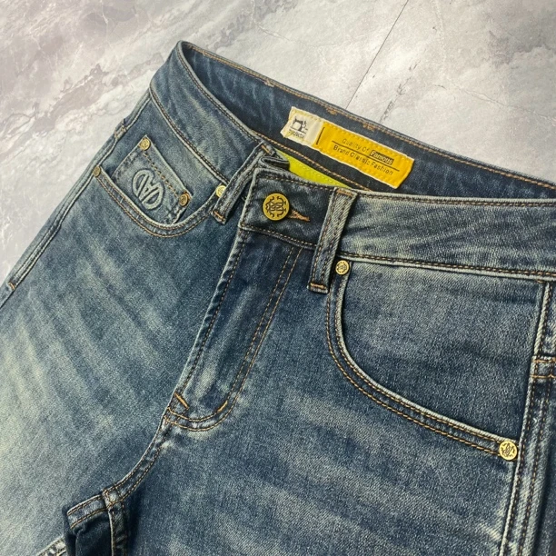 823#春夏男士圆平口袋牛仔裤水洗蓝色微弹修身小直筒裤简约百搭