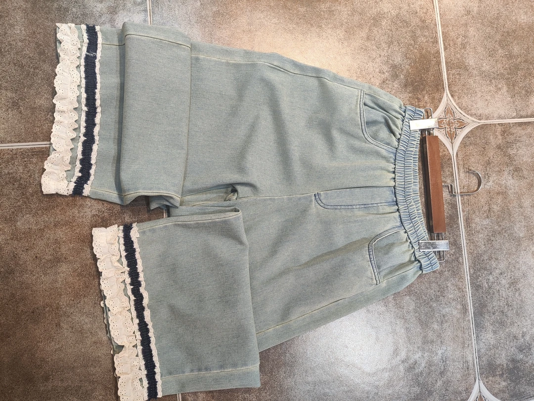 韩系宽松蕾丝花边拼接牛仔裤复古休闲阔腿裤女装