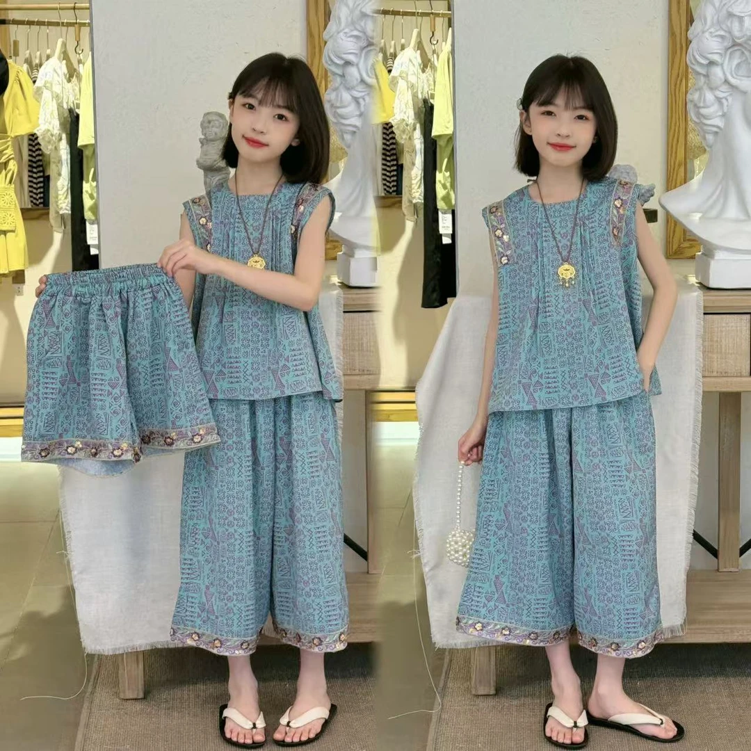 女童碎花无袖套装2025夏季新款薄款时尚背心女孩气质提花三件套潮