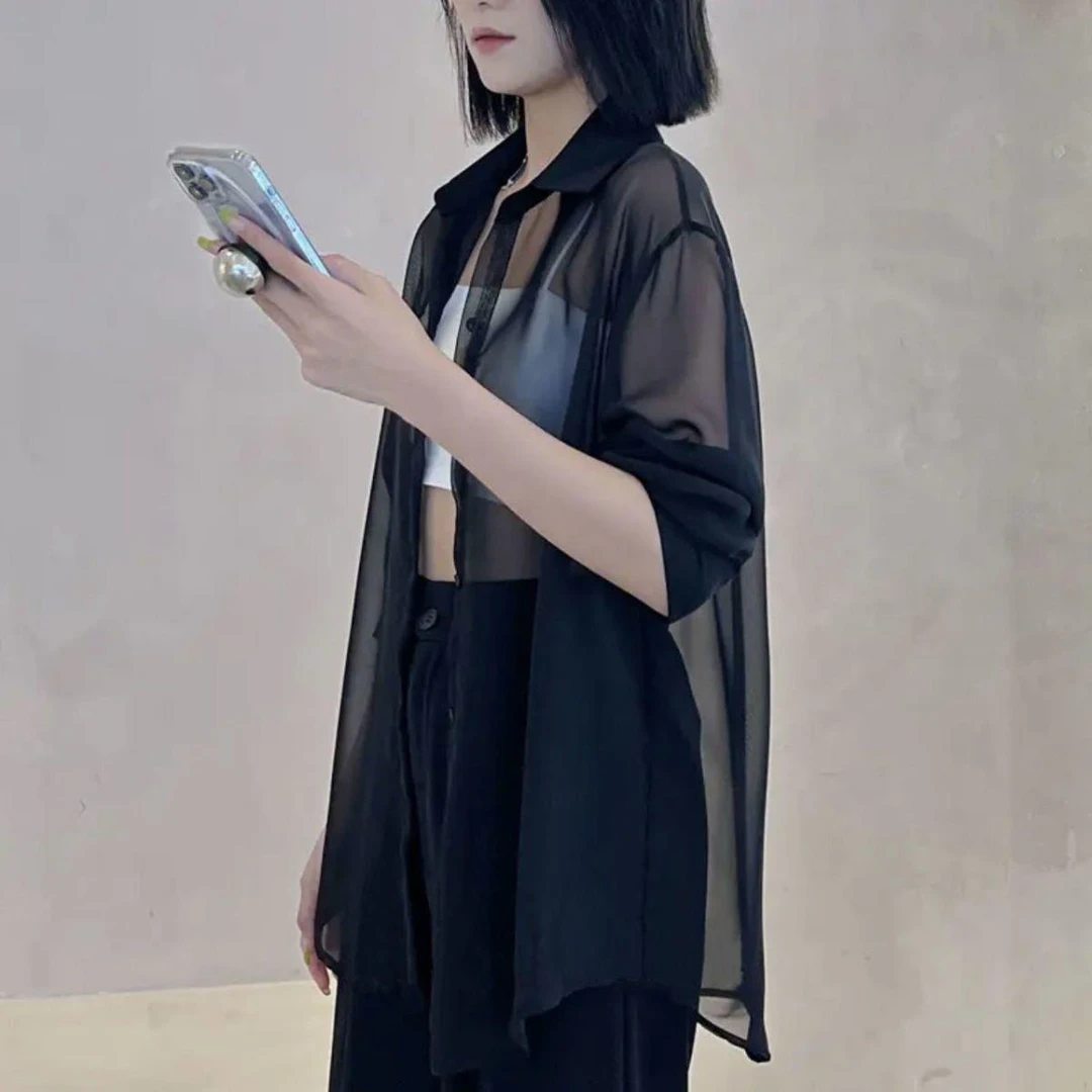 雪纺外套透气防晒衣夏季新款简约时尚性感小众别致漂亮宽松衬衫潮