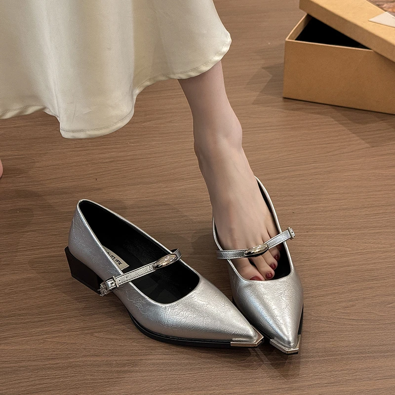 一字带银色单鞋女款夏季粗跟尖头2025新款玛丽珍鞋工作制服高跟鞋