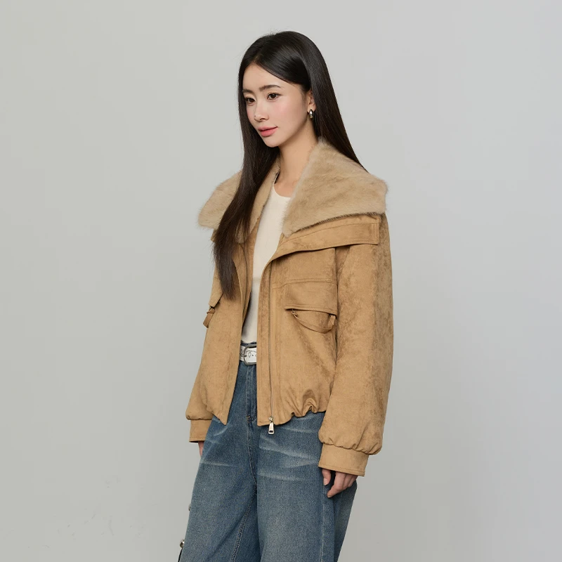 暖雾都市 202590白鹅绒羽绒服女短款进口青根貂毛领工装派克25121