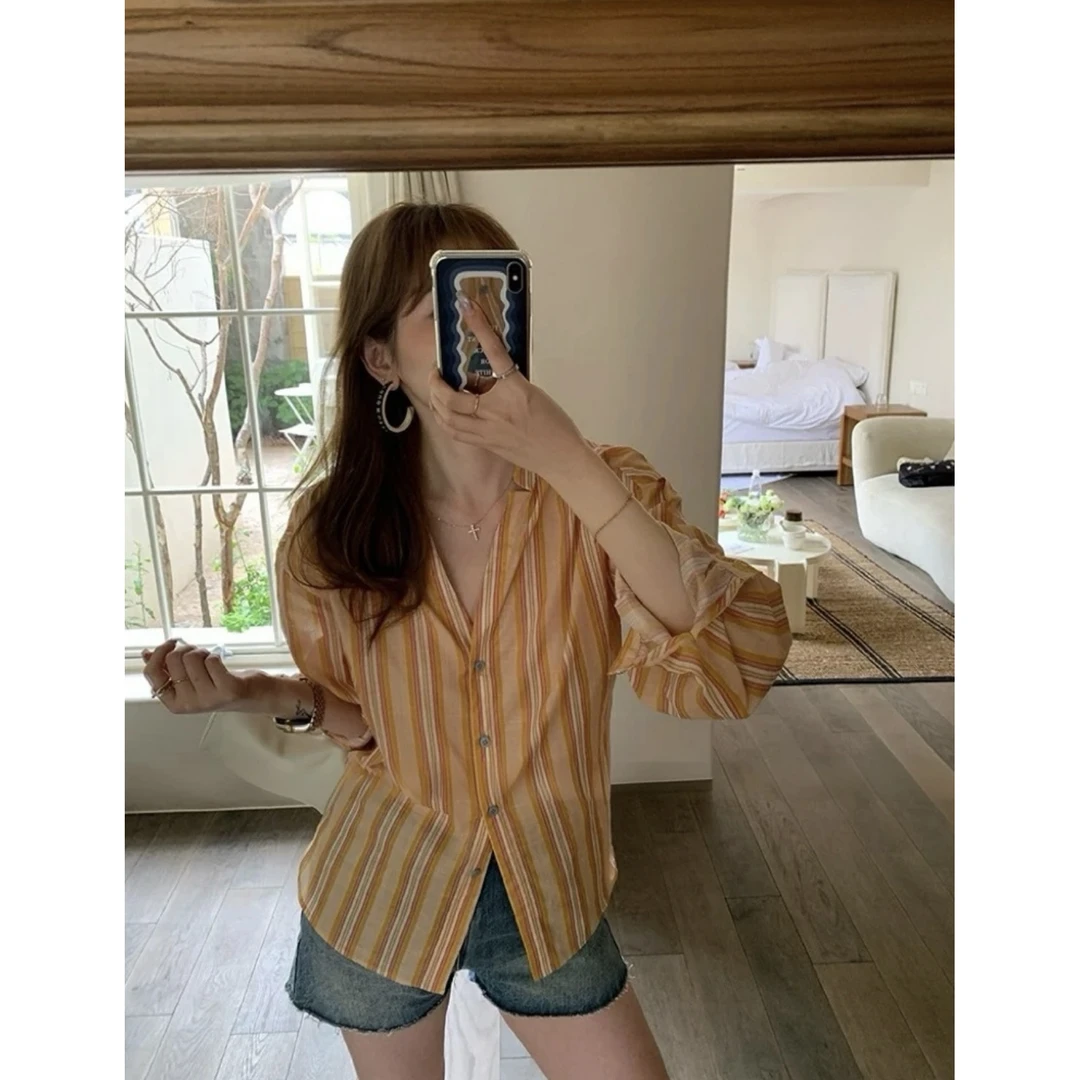 慵懒chic2025澳洲高支竹节棉 超薄日落橙条纹印花衬衫防晒衫衣