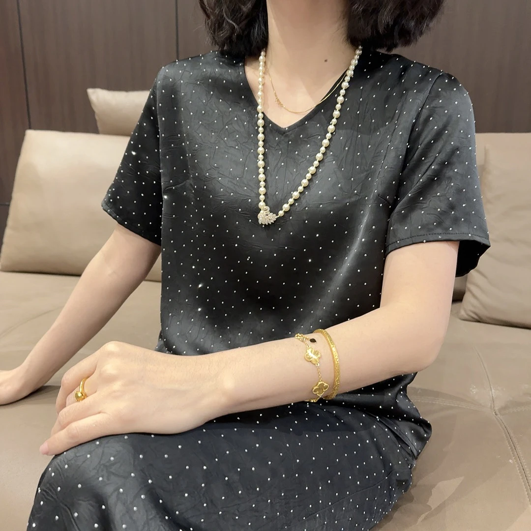 新中式V领满天星短袖上衣