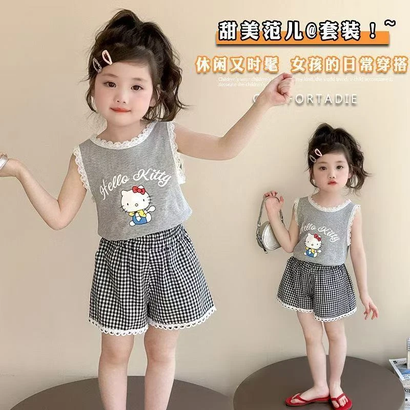 女童套装夏季2025新款洋气儿童纯棉背心格子短裤两件套夏装