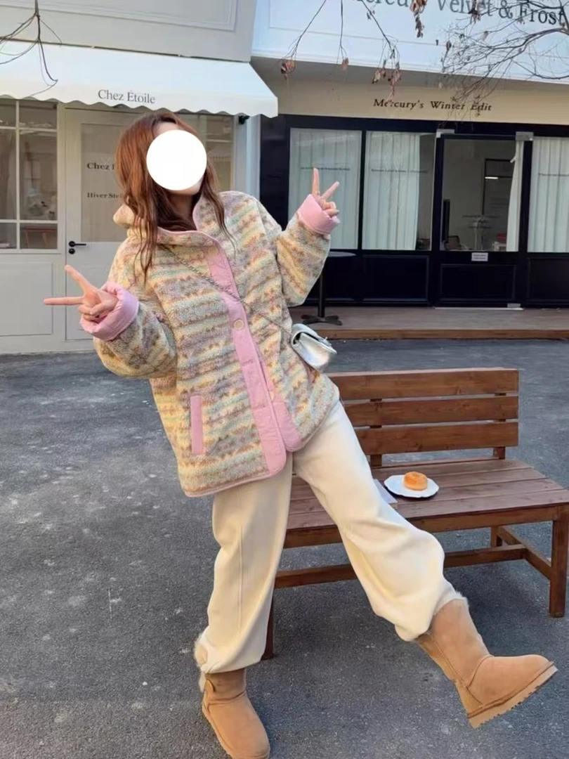 韩国东大门秋冬新款复古宽松碎花费尔岛连帽少女皮毛一体外套上衣