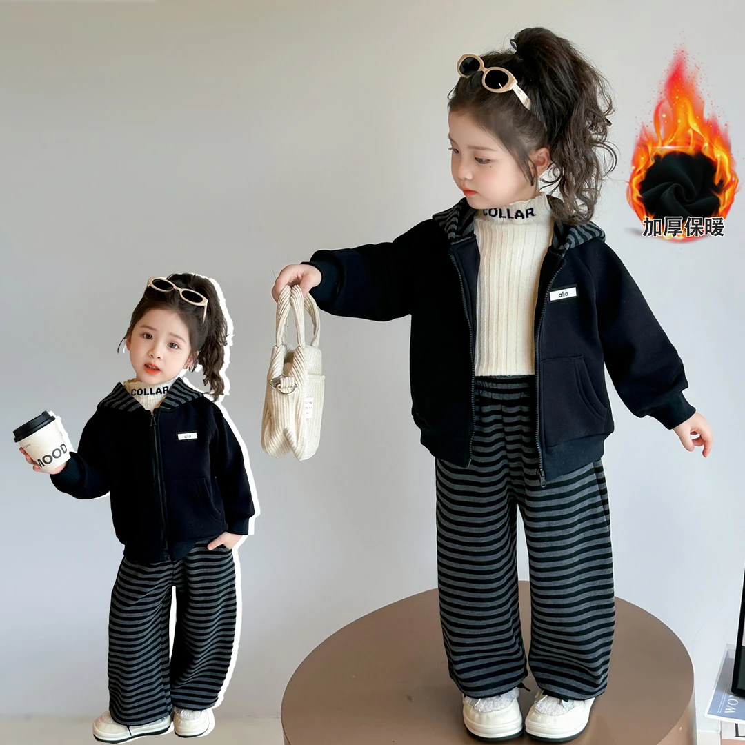 女童秋冬加绒加厚套装2025新款洋气儿童一体绒连帽开衫卫衣运动装