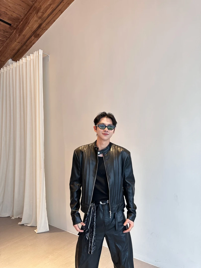 【FANG BH】男士秋冬定制Q弹皮时尚立领坎条十字风骨线机车皮衣夹克