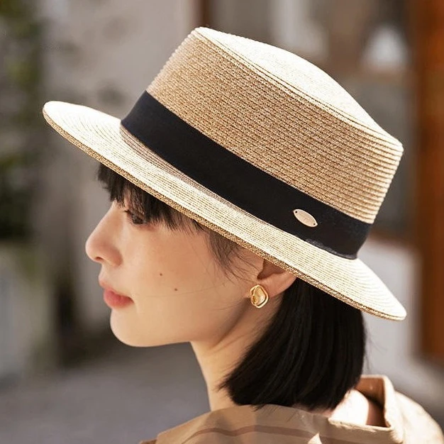 MISSKOI 草帽女夏防晒帽子法式海边新款礼帽女款草编平顶帽遮阳帽
