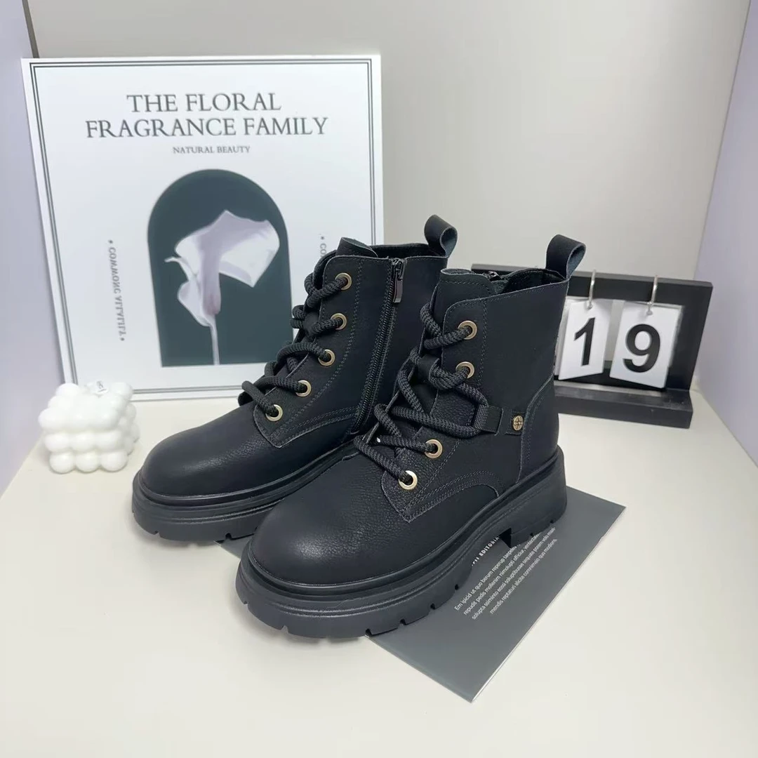 [二哥专属]英伦风厚底马丁靴女加绒棕色复古短靴2023冬新款G036