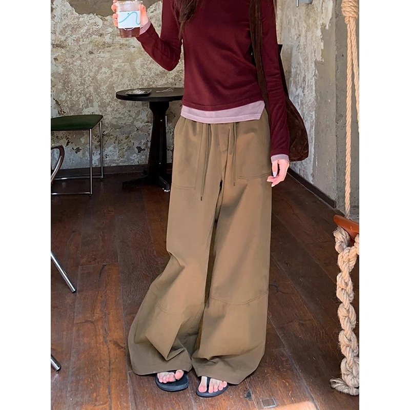 耶古时髦精咖色宽松直筒裤女秋季新款高腰抽绳分割设计感阔腿长裤