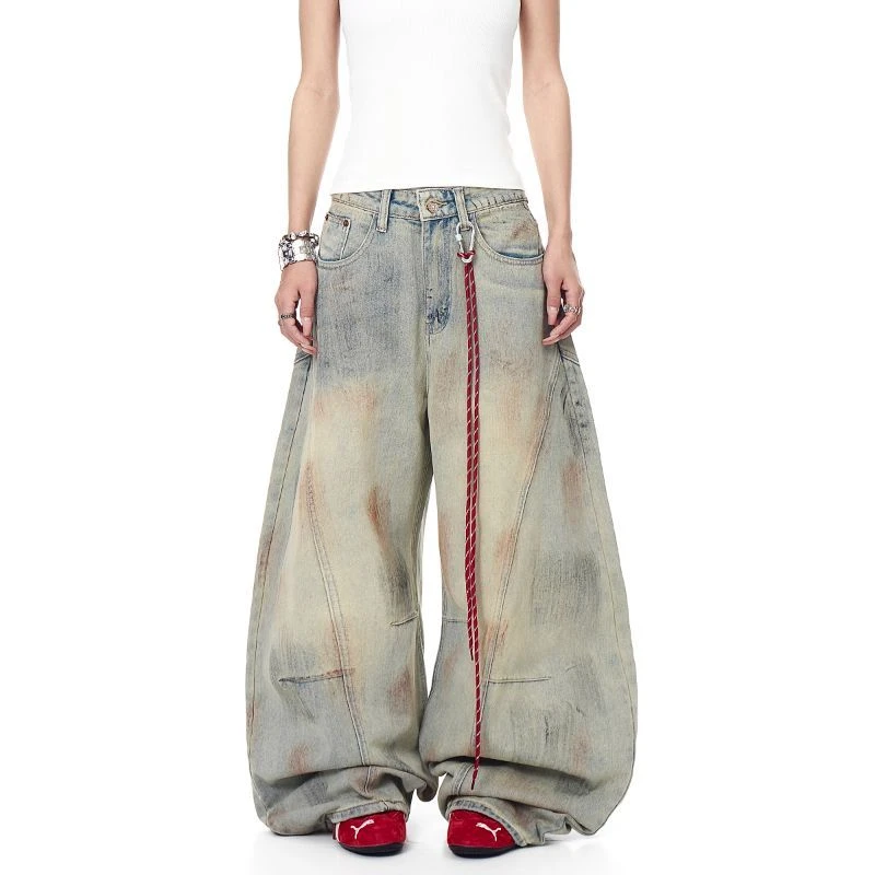美式高街脏染做旧解构弯刀牛仔裤男女废土风宽松阔腿裤帅气长裤潮