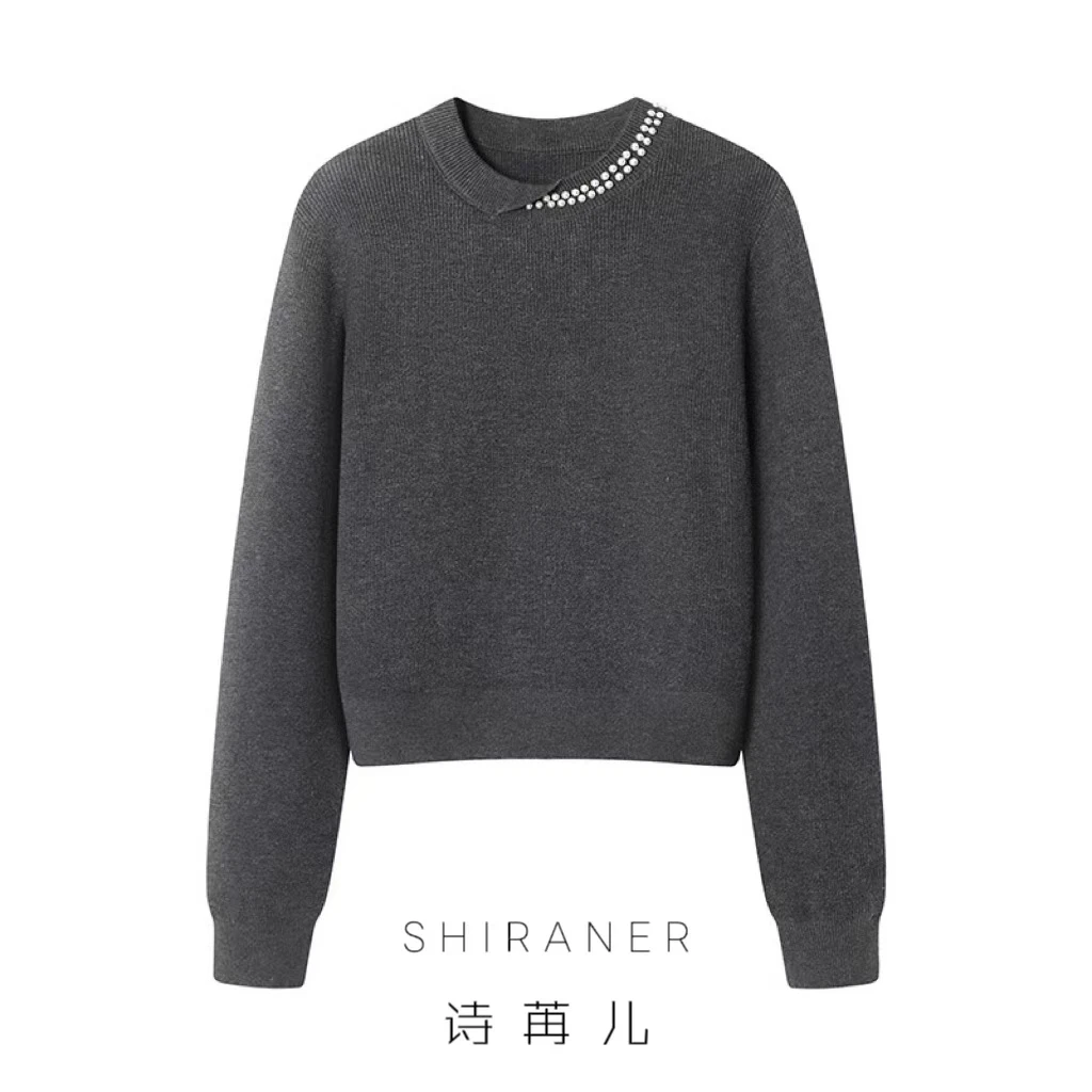 25秋冬韩版简约时尚珍珠针织衫女毛衣打底衫长袖宽松百搭上衣女A2