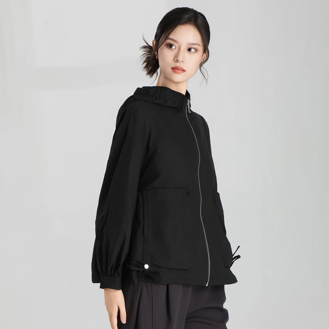 B1009-53L8连帽修身短款春秋薄款镂空纯色女士外套田园