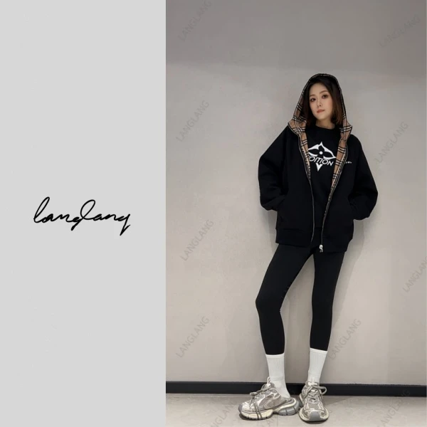 LANG LANG 撞色时尚秋季连帽亮面百搭长袖短外套7802