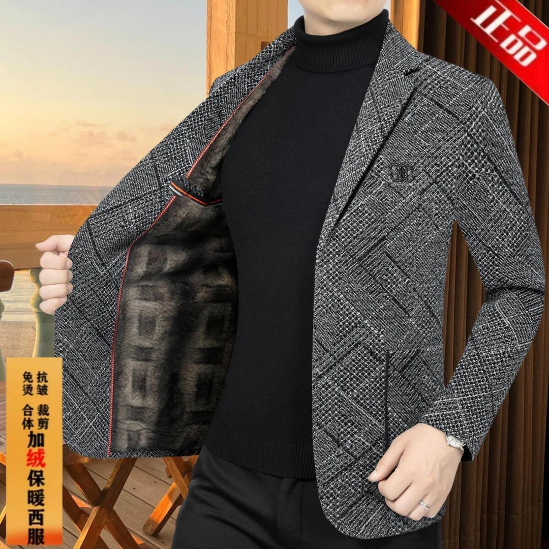 男士外套男士休闲中年上班族休闲商务西服加绒加厚西装外套爆款