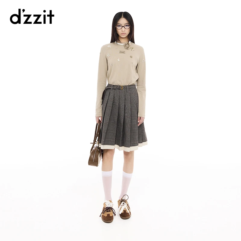 dzzit地素长袖T恤25春新款立体钉珠装饰正肩纯棉上衣女3J1B514