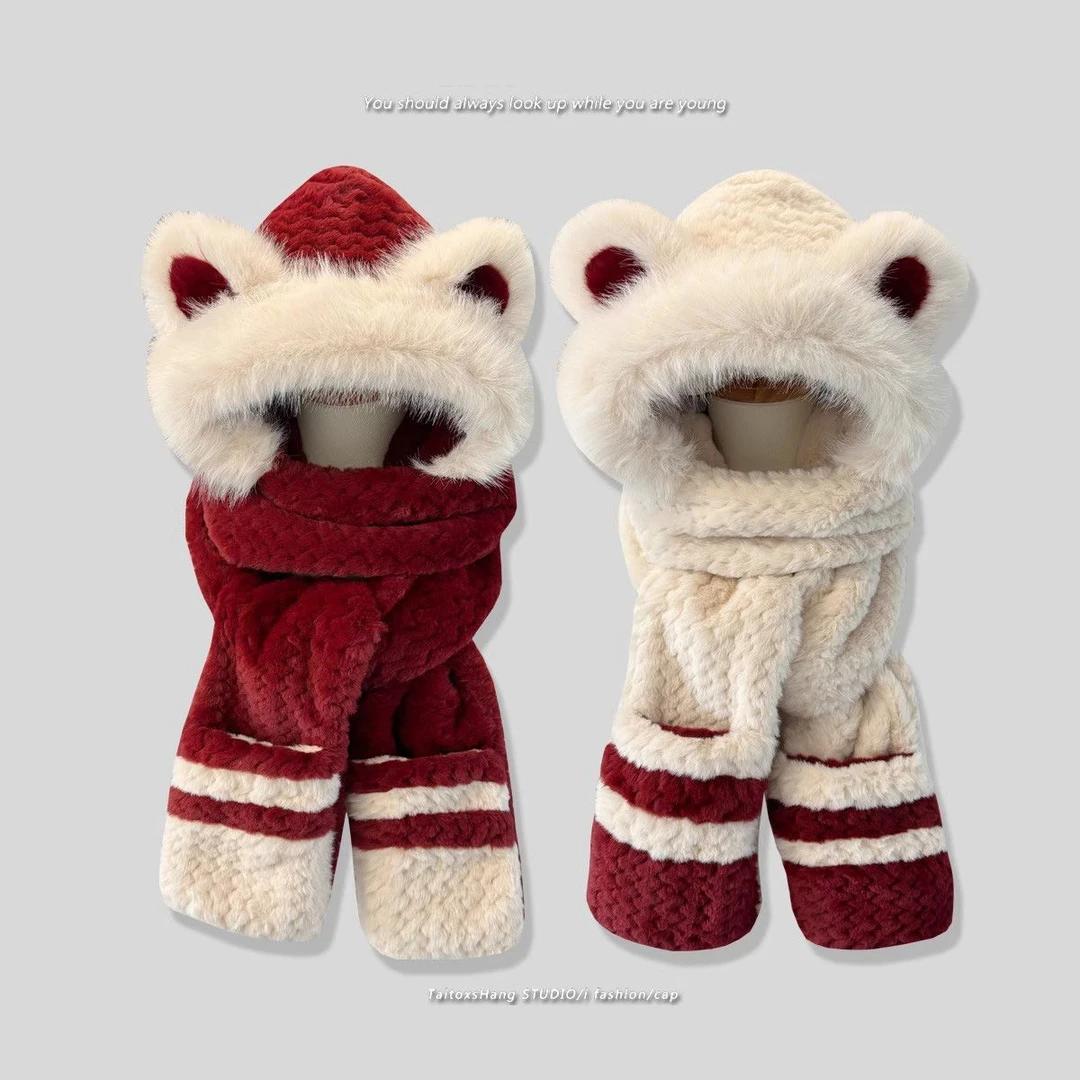 可爱小熊拼色毛绒帽子围巾手套一体加绒加厚骑车护耳保暖雷锋帽L