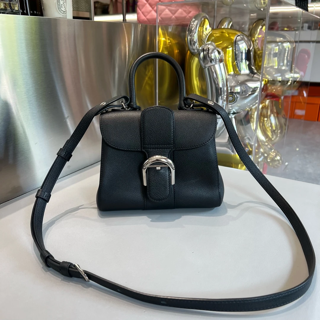 99新 Delvaux/德尔沃 黑色银扣mini号手提单肩斜挎包 粒纹小牛皮