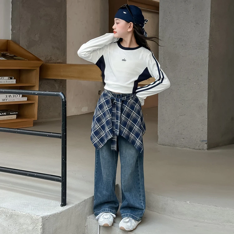 女童秋季设计感宽松牛仔裤秋季女中腰百搭上衣套装中大童显瘦