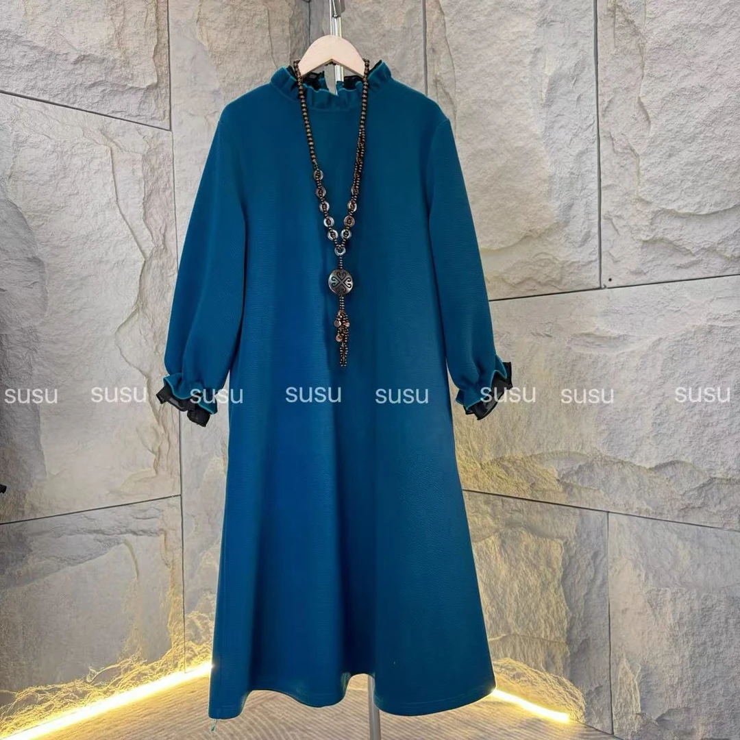 (QQ)300/高级孔雀蓝减龄时髦洋气连衣裙时尚百搭轻奢女士气质款