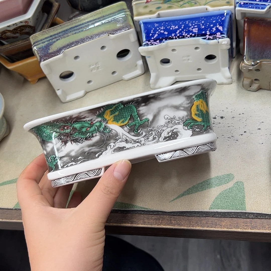 紫砂花盆768号瑕疵18/14/5.5cm仿手绘青龙