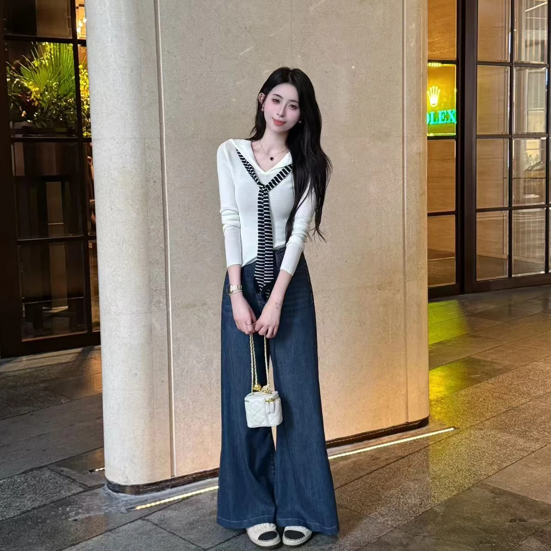 La Chapelle/拉夏贝尔白色长袖T恤女秋季百搭披肩上衣针织衫毛衣